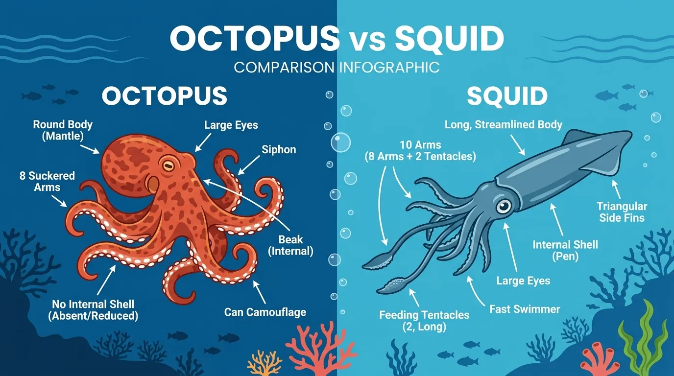 difference between octopus and squid