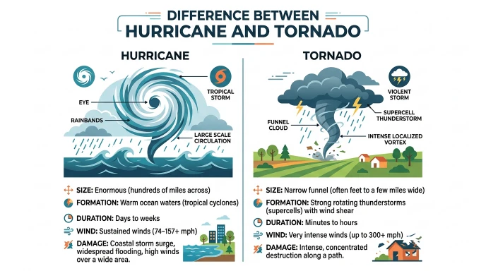 difference between hurricane and tornado